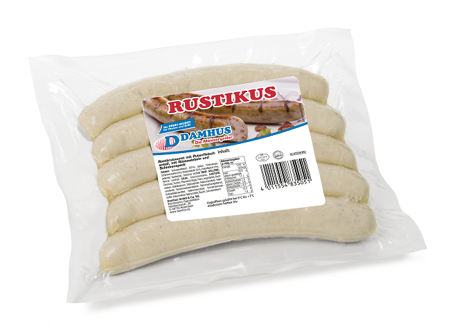 5 ungebratene Bratwürstchen in einer Vakuumklarsichtverpackung.