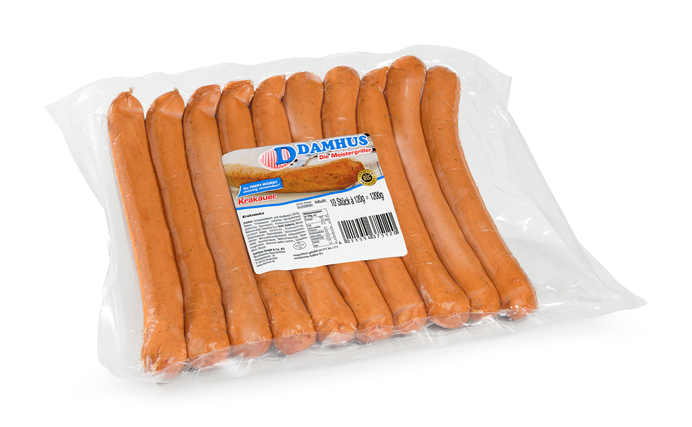 10 lange, schlanke Krakauerwürstchen in einer Vakuumklarsichtverpackung.