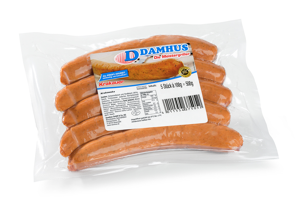 5 Krakauerwürstchen in einer Vakuumklarsichtverpackung.