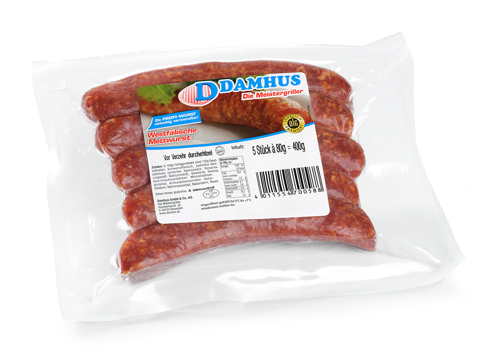 5 Mettwürstchen in einer Vakuumklarsichtverpackung.