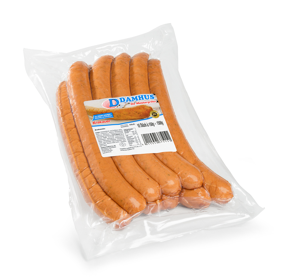 10 lange Krakauerwürstchen in einer Vakuumklarsichtverpackung.
