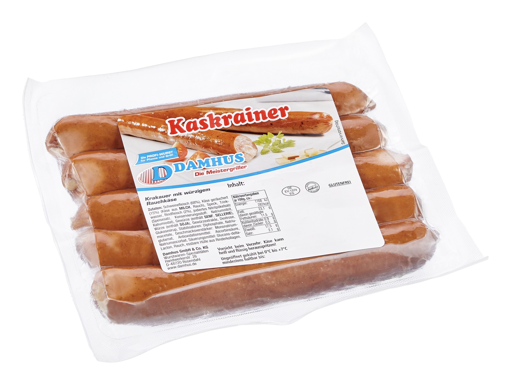 5 Krakauer mit Käse in einer Vakuumklarsichtverpackung.