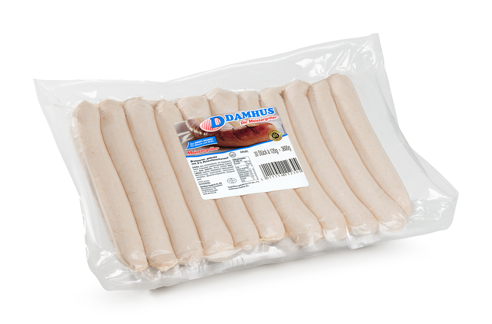 Eine Großverpackung ungebratener Bratwurst in einer Vakuumklarsichtverpackung.