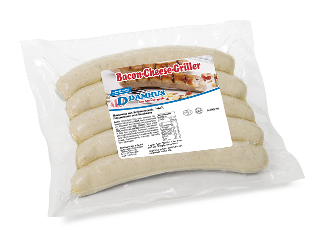 5 ungebratene Bratwürstchen in einer Vakuumklarsichtverpackung.