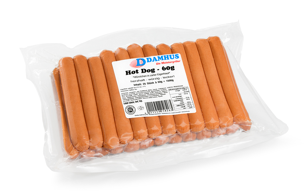 25 Hot Dog-Bockwürstchen in einer Vakuumklarsichtverpackung.
